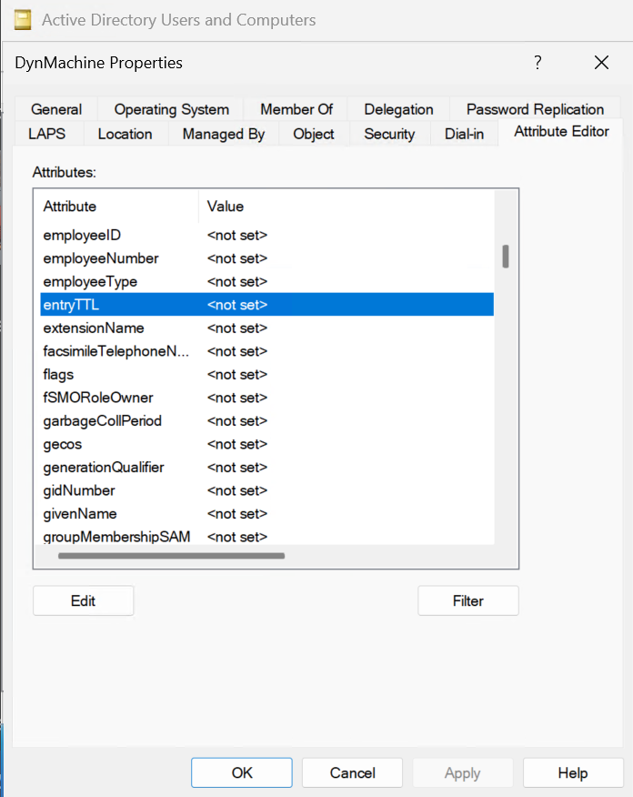 Attribute Editor view of an AD dynamic object (computer) where the entryTTL attribute incorrectly displays <not set>, illustrating a bug in the MMC.